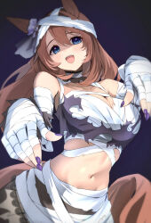 1girl :d animal_ears bandaged_hand bandages bare_shoulders blue_eyes blush breasts brown_hair cleavage commentary_request hair_between_eyes highres horse_ears horse_girl horse_tail large_breasts long_hair looking_at_viewer meyamu mummy_costume nail_polish navel official_alternate_costume open_mouth purple_nails smile solo super_creek_(chiffon_ribbon_mummy)_(umamusume) super_creek_(umamusume) tail umamusume very_long_hair