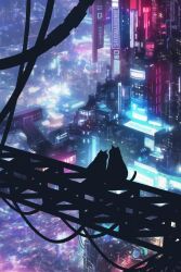 Rule 34 | building, cat, city, city lights, cityscape, highres, neon lights, night, no humans, original, outdoors, power lines, reason (mark-of-the-unicorn), revision, rooftop, scenery, science fiction, silhouette, sitting, skyscraper