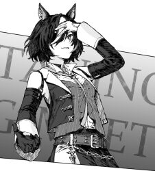 Rule 34 | 1girl, animal ears, asymmetrical gloves, belt, breasts, character name, collared shirt, detached sleeves, eyepatch, gloves, greyscale, hand on own head, horse ears, looking at viewer, mismatched gloves, monochrome, pendant choker, shirt, short hair, skirt, sleeveless, sleeveless jacket, sleeveless shirt, small breasts, smile, solo, tanino gimlet (umamusume), umamusume, upper body, uruimu, v-shaped eyebrows