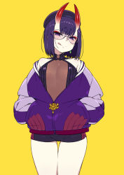 Rule 34 | 1girl, :q, bare shoulders, bike shorts, blush, breasts, chan co, commentary request, earrings, fate/grand order, fate (series), hands in pockets, horns, jacket, jewelry, long sleeves, looking at viewer, off shoulder, oni, open clothes, open jacket, purple eyes, purple hair, purple jacket, rimless eyewear, short eyebrows, short hair, short shorts, shorts, shuten douji (fate), simple background, skin-covered horns, small breasts, smile, solo, standing, thick eyebrows, tongue, tongue out, yellow background