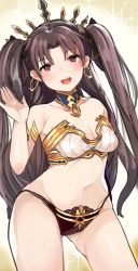 Rule 34 | 1girl, :d, armlet, bare arms, bare legs, bare shoulders, black hair, black panties, black ribbon, breasts, cleavage, collar, crown, earrings, fate/grand order, fate (series), female focus, gluteal fold, hair ribbon, head tilt, hoop earrings, ishtar (fate), ishtar (fate), jewelry, legs, long hair, looking at viewer, medium breasts, midriff, navel, open mouth, panties, red eyes, revealing clothes, ribbon, round teeth, smile, solo, standing, strapless, teeth, tohsaka rin, toi (toiot), twintails, two side up, type-moon, underwear, very long hair, waving