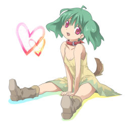 Rule 34 | 00s, 1girl, collar, dress, female focus, green hair, heart, macross, macross frontier, ranka lee, red eyes, shoes, short hair, sitting, solo, spread legs, tail, twintails, white background