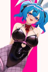 Rule 34 | 1girl, absurdres, animal ears, arms behind back, bare shoulders, black leotard, blue eyes, blue hair, blush, breasts, clothing cutout, commentary request, cutout above navel, detached collar, fake animal ears, fishnet pantyhose, fishnets, gluteal fold, hair ornament, halterneck, hatsune miku, heart, heart cutout, highleg, highleg leotard, highres, large breasts, leotard, looking at viewer, mcbox, open mouth, pantyhose, pink pupils, playboy bunny, rabbit ears, rabbit hole (vocaloid), short hair, smile, solo, teardrop facial mark, thigh gap, thigh strap, twintails, vocaloid, x hair ornament