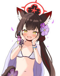 Rule 34 | 1girl, :d, alternate breast size, animal ears, bikini, blue archive, blush, breasts, brown hair, fox ears, fox girl, fox tail, hair between eyes, halo, hands on own cheeks, hands on own face, hands up, happy, heeya, highres, long hair, looking at viewer, multicolored hair, navel, open mouth, petals, red hair, red halo, small breasts, smile, solo, streaked hair, swimsuit, tail, two-tone hair, upper body, very long hair, wakamo (blue archive), wakamo (swimsuit) (blue archive), white background, white bikini, yellow eyes