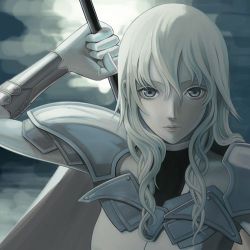 Rule 34 | 1girl, armor, artist request, claymore (series), flora (claymore), grey eyes, long hair, looking at viewer, lowres, solo, white hair