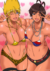 Rule 34 | 2girls, amaha masane, bikini, bikini top only, blonde hair, blue eyes, blue nails, blurry, blurry background, breasts, brown eyes, brown hair, cleavage, covered erect nipples, cowboy shot, crossover, earrings, facing viewer, female focus, happy, heart, heart background, highres, honoo no toukyuuji: dodge danpei, hoop earrings, ichigeki haruka, jewelry, large breasts, linea alba, looking at viewer, mature female, multiple girls, nail polish, navel, necklace, nipples, one eye closed, open mouth, papepox2, red nails, short hair, short shorts, shorts, signature, spiked hair, standing, stud earrings, swimsuit, tattoo, thighhighs, v, whale tail (clothing), wink, witchblade