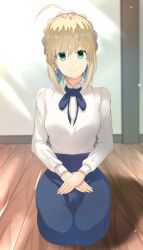 Rule 34 | 1girl, absurdres, ahoge, artoria pendragon (fate), blonde hair, blue ribbon, braid, commentary request, fate/stay night, fate (series), floor, green eyes, highres, homura0620alicia, kneeling, long sleeves, looking at viewer, medium hair, ribbon, shirt, skirt, smile, solo, white shirt