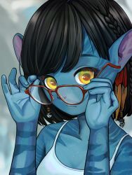 Rule 34 | 1girl, alien, animal ears, animal nose, avatar: the way of water, bare shoulders, between fingers, black hair, blue skin, breasts, cat ears, character request, check character, cleavage, collarbone, colored eyelashes, colored skin, cosplay, earrings, glasses, highres, holding, james cameron&#039;s avatar, james cameron's avatar, jewelry, long eyelashes, looking at viewer, medium breasts, na&#039;vi, nomed0018, pointy ears, science fiction, short hair, simple background, small breasts, solo, tank top, upper body, white tank top, yellow eyes
