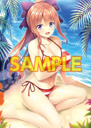 Rule 34 | 1girl, :d, aikawa tatsuki, barefoot, beach, bikini, blurry, blurry foreground, blush, bow, breast hold, breasts, brown hair, character request, cleavage, collarbone, copyright request, day, depth of field, hair between eyes, hair bow, large breasts, legs, long hair, looking at viewer, navel, ocean, open mouth, outdoors, palm leaf, palm tree, plant, ponytail, purple bow, purple eyes, red bikini, sample watermark, sand, shore, side-tie bikini bottom, sidelocks, sitting, smile, solo, striped bikini, striped clothes, swimsuit, tree, wariza, water, watermark, waves