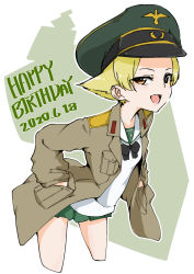 Rule 34 | 1girl, black bow, black neckwear, blonde hair, blouse, bob (you-u-kai), bow, brown eyes, brown jacket, cowboy shot, cropped legs, dated, english text, erwin (girls und panzer), girls und panzer, green hat, green skirt, half-closed eyes, hands in pockets, happy birthday, hat, jacket, leaning forward, long sleeves, looking at viewer, military hat, military jacket, miniskirt, ooarai school uniform, open clothes, open jacket, open mouth, outline, peaked cap, pleated skirt, pointy hair, sailor collar, school uniform, serafuku, shirt, short hair, skirt, smile, solo, standing, white outline, white sailor collar, white shirt