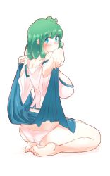 Rule 34 | 1girl, ass, bare shoulders, barefoot, blue eyes, blush, breasts, cleavage, clothes lift, commentary request, covered erect nipples, detached sleeves, dimples of venus, dress, dress lift, frog hair ornament, full body, green hair, hair ornament, highres, kneeling, kochiya sanae, large breasts, lifting own clothes, looking at viewer, looking back, non (z-art), off shoulder, one-hour drawing challenge, panties, puffy nipples, simple background, snake hair ornament, solo, touhou, underwear, white background