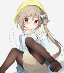 Rule 34 | 1girl, animal ears, azur lane, between legs, black pantyhose, blue shirt, blue skirt, blush, brown hair, commentary request, crime prevention buzzer, dog ears, dog tail, hat, holding, knees up, legs, long hair, looking at viewer, mary janes, nagatsuki (azur lane), pantyhose, pink eyes, school hat, school uniform, serafuku, shiratama (shiratamaco), shirt, shoes, side ponytail, simple background, sitting, skirt, solo, spread legs, tail, tail between legs, translation request, white background, yellow hat