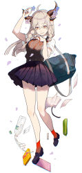 Rule 34 | 1girl, absurdres, arm up, bag, black footwear, blue flower, bottle, braid, brown hair, chromatic aberration, closed mouth, collared shirt, flower, full body, hair between eyes, hair flower, hair ornament, hand up, highres, horns, loafers, long hair, looking at viewer, neck ribbon, ori (momonimo), original, pencil case, pink flower, pleated skirt, purple skirt, red eyes, red ribbon, red socks, ribbon, school bag, school uniform, shirt, shoes, simple background, skirt, smile, socks, solo, standing, standing on one leg, sweater vest, water, water bottle, white background, white shirt