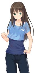 Rule 34 | 10s, 1girl, bad id, bad twitter id, brown hair, clothes lift, collarbone, green eyes, hand on own hip, idolmaster, idolmaster cinderella girls, long hair, looking at viewer, pants, shibuya rin, shirt lift, solo, sweat, tamakaga, tank top, track pants, wet, wet clothes, wet hair, white background