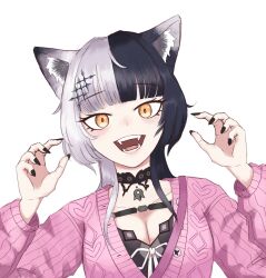 Rule 34 | 1girl, animal ears, black choker, black dress, black eyeliner, black hair, black nails, blunt bangs, blush, cat ears, cat tail, choker, claw pose, dress, eyelashes, eyeliner, grey hair, hair ornament, highres, hololive, hololive english, lace, lace-trimmed choker, lace choker, lace trim, long hair, long sleeves, looking at viewer, makeup, monoyua, multicolored hair, nail polish, open mouth, pink sweater, shiori novella, simple background, smile, solo, split-color hair, sweat, sweater, tail, two-tone hair, virtual youtuber, white background, white hair, yellow eyes