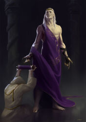 Rule 34 | absurdres, barefoot, clawed gauntlets, column, commentary, emperor&#039;s children, english commentary, fulgrim, highres, holding, holding scroll, hooded robe, indoors, long hair, male focus, muscular, muscular male, naked robe, official art, ornate clothes, oruam, photoshop (medium), pillar, primarch, purple robe, reflective floor, robe, scroll, smile, smug, standing, warhammer 40k, white hair, white robe