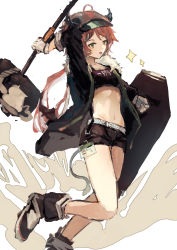 Rule 34 | 1girl, :d, ahoge, arknights, arm up, bare legs, black footwear, black jacket, black shorts, commentary request, croissant (arknights), crop top, foot out of frame, gloves, green eyes, hammer, highres, holding, holding hammer, holding shield, holding weapon, horns, id card, jacket, long hair, long sleeves, looking at viewer, mamera1129, midriff, navel, open clothes, open jacket, open mouth, orange hair, shield, shoes, short shorts, shorts, simple background, smile, solo, sparkle, stomach, thighs, visor cap, weapon, white background, white gloves