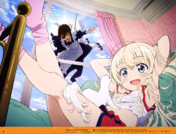 Rule 34 | 2girls, :d, absurdres, age difference, air conditioner, armpits, arms behind head, blonde hair, blue eyes, brown hair, camisole, day, eyepatch, feet out of frame, ferret, fisheye, high heels, highres, indoors, kamoi tsubame, magazine scan, maid, megami magazine, megami magazine deluxe, messy hair, midriff, multiple girls, official art, onee-loli, open mouth, pantyhose, pink legwear, rope, scan, smile, socks, takanashi misha, uchi no maid ga uzasugiru!, unkempt