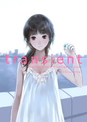 Rule 34 | 00s, 1girl, 2009, arm at side, artist name, black eyes, black hair, building, chemise, closed mouth, hand up, holding, kishida mel, long hair, looking at viewer, marble (toy), original, sky, sleeveless, smile, solo, text focus, upper body, water