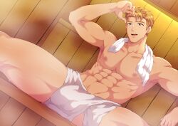 Rule 34 | abs, absurdres, bara, bench, blonde hair, camp buddy, covered penis, feet out of frame, green eyes, highres, indoors, light smile, male focus, mikkoukun, nagira yoshinori, nipples, open mouth, pectorals, sauna, towel, white towel, wooden bench, wooden wall