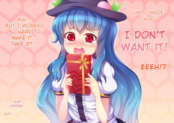 Rule 34 | 1girl, blue hair, blush, confession, female focus, food, fruit, gradient background, greave (asterism), hard-translated, hat, hinanawi tenshi, long hair, peach, red eyes, solo, tears, third-party edit, touhou, translated, upper body, valentine