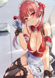 Rule 34 | 1girl, absurdres, air conditioner, apron, bare shoulders, blush, bra, breasts, cleavage, detached collar, detached sleeves, frills, gloves, hair ribbon, heterochromia, highres, holding, hololive, houshou marine, large breasts, long hair, looking at viewer, maid, maid apron, maid headdress, red bra, red eyes, red hair, red ribbon, ribbon, smile, solo, thick thighs, thighhighs, thighs, torn clothes, torn thighhighs, twintails, uchida shou, underwear, virtual youtuber, wet, wrist cuffs, yellow eyes