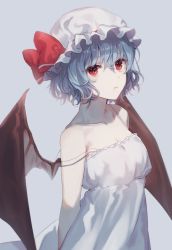 Rule 34 | 1girl, ap5ry, arms at sides, bare shoulders, bat wings, blue hair, bow, closed mouth, collarbone, commentary request, expressionless, eyelashes, grey background, hat, hat bow, hat ribbon, highres, lingerie, looking at viewer, mob cap, negligee, red bow, red eyes, red ribbon, remilia scarlet, ribbon, short hair, simple background, slit pupils, solo, standing, touhou, underwear, white hat, wings