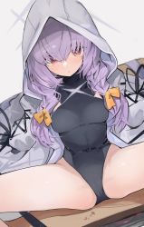 Rule 34 | 1girl, arrow (symbol), atsuko (blue archive), black gloves, black one-piece swimsuit, blue archive, blush, breasts, feet out of frame, from above, gloves, hair between eyes, hair ribbon, heart, highleg, highleg swimsuit, highres, hood, hood up, hooded jacket, jacket, light purple hair, long hair, looking at viewer, medium breasts, mikozin, one-piece swimsuit, orange ribbon, parted lips, red eyes, ribbon, sitting, solo, split, spread legs, swimsuit, thighs, white jacket