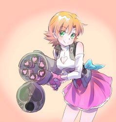 Rule 34 | 1girl, breasts, cleavage, cleavage cutout, clothing cutout, commentary, explosive, green eyes, grenade, grenade launcher, heart, iesupa, nora valkyrie, orange hair, revolver grenade launcher, rwby, smile, solo, weapon