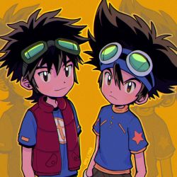 Rule 34 | 2boys, blouse, blue shirt, brown eyes, brown hair, child, closed mouth, digimon, digimon adventure, digimon xros wars, frown, goggles, goggles on head, hair between eyes, jacket, kudou taiki, looking at viewer, male focus, multiple boys, print shirt, pu lyong, shirt, short sleeves, yagami taichi, yellow background