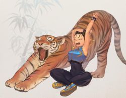 Rule 34 | 1girl, bracelet, brown hair, capcom, chun-li, double bun, closed eyes, hair pulled back, jewelry, morry, shoes, sitting, sleeveless, street fighter, street fighter zero (series), stretching, tiger, unitard, vest, yawning