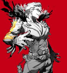 Rule 34 | 1boy, belt, chain, cowboy shot, fate/grand order, fate (series), fur trim, greyscale, grin, hair slicked back, hand on own hip, highres, jacket, looking at viewer, male focus, monochrome, pants, pointing, pointing at viewer, red background, sakata kintoki (fate), sakata kintoki (rider) (fate), shoulder spikes, simple background, smile, solo, spikes, spot color, standing, stuffed animal, stuffed toy, sunglasses, teddy bear, tenobe