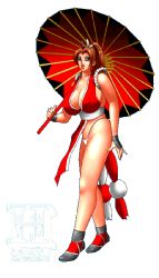 Rule 34 | 1girl, breasts, brown hair, cleavage, fatal fury, fingerless gloves, gloves, hairband, high ponytail, huge breasts, jyubei, the king of fighters, panties, ponytail, shiranui mai, snk, socks, the king of fighters, umbrella, underwear