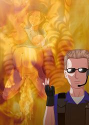 Rule 34 | albert wesker, giving birth, blood, blood on face, blood on mouth, breasts, death, empty eyes, covered erect nipples, explosion, fire, guro, highres, jill valentine, large breasts, monster, pregnant, pussy juice, resident evil, screaming
