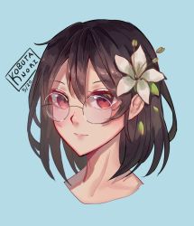 Rule 34 | 1girl, artist name, black hair, blue background, commentary, dated, english commentary, flower, glasses, hair between eyes, hair flower, hair ornament, kobutanori, lilypichu, looking at viewer, offlinetv, portrait, red eyes, round eyewear, simple background, solo, white flower