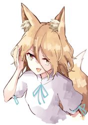 Rule 34 | 1girl, animal ear fluff, animal ears, arm up, blue bow, blue ribbon, bow, breasts, brown hair, deetamu, fox ears, fox tail, hair between eyes, hand up, highres, kudamaki tsukasa, light brown hair, looking at viewer, medium breasts, open mouth, puffy short sleeves, puffy sleeves, ribbon, romper, short hair, short sleeves, simple background, smile, solo, tail, tongue, touhou, upper body, white background, white romper, yellow eyes