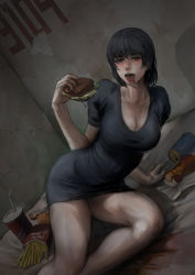 Rule 34 | 1girl, black hair, blush, breasts, can, chicken (food), cleavage, commentary request, dress, food, french fries, burger, highres, holding, holding food, hot dog, jittsu, large breasts, on bed, original, saliva, short hair, soda, tongue, tongue out