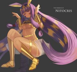 Rule 34 | 1girl, bad id, bad pixiv id, blonde hair, boots, bracelet, breasts, dark-skinned female, dark skin, earrings, egyptian, egyptian clothes, english text, facial mark, fate/grand order, fate (series), full body, hairband, hoop earrings, jewelry, kanikou, large breasts, long hair, midriff, multicolored hair, nitocris (fate), nitocris (third ascension) (fate), purple eyes, purple hair, smile, solo, two-tone hair, underboob, very long hair