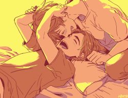 Rule 34 | 10s, 2boys, ^ ^, blush, closed eyes, freckles, hand on another&#039;s head, ji guang-hong, leo de la iglesia, limited palette, lying, male focus, multiple boys, on back, open mouth, pillow, smile, yukataro, yuri!!! on ice