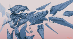 Rule 34 | artist name, concept art, floating, gradient background, guardian (halo), halo (series), halo 5: guardians, mecha, mechanical wings, no humans, official art, pink background, robogabo, robot, science fiction, sketch, wings