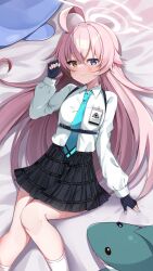 Rule 34 | 1girl, bed, blue archive, doll, halo, highres, hoshino (blue archive), image sample, lying, murase48, on bed, school uniform, shark, solo, twitter sample