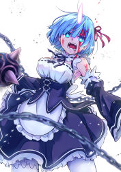 Rule 34 | 1girl, absurdres, angry, apron, ball and chain (weapon), blood, blood on face, blue eyes, blue hair, breasts, bright pupils, commentary request, cowboy shot, detached sleeves, facing viewer, glowing, glowing horns, hair over one eye, hair ribbon, highres, holding, holding weapon, horns, long sleeves, lower teeth only, maid, maid apron, medium breasts, open mouth, re:zero kara hajimeru isekai seikatsu, rem (re:zero), ribbon, roswaal mansion maid uniform, short hair, simple background, single horn, solo, teeth, tongue, totot-ss, upper teeth only, weapon, white background, white legwear, white pupils