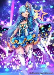 Rule 34 | 1girl, blue hair, bow, breasts, cleavage, company name, covered navel, gloves, gyakushuu no fantasica, hair ornament, katagiri hachigou, long hair, microphone, official art, one eye closed, open mouth, side ponytail, solo, sparkle, star (symbol), star hair ornament, teeth, thighhighs, yellow eyes
