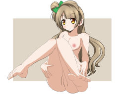Rule 34 | 10s, 1girl, blonde hair, breasts, brown eyes, cleft of venus, feet, female focus, hair ornament, hair ribbon, inverted nipples, legs, love live!, love live! school idol project, minami kotori, naruse mai, nipples, nude, pussy, ribbon, side ponytail, simple background, sitting, soles, solo, toes, uncensored, yellow eyes