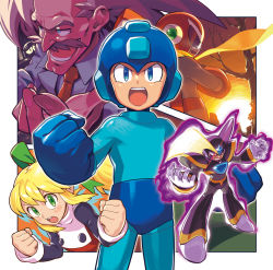 Rule 34 | &gt;:d, &gt;:o, 1girl, 4boys, :d, :o, bass (mega man), black headwear, blonde hair, blouse, blue eyes, blue headwear, blush, capcom, clenched hands, collared shirt, dr. wily (mega man), evil grin, evil smile, facial hair, feet out of frame, floating hair, full body, glowing, glowing eyes, green eyes, green ribbon, grin, hair ribbon, hands up, helmet, highres, kin niku, lab coat, long hair, long sleeves, looking at viewer, looking to the side, mega man (character), mega man (classic), mega man (series), mega man 8, mega man 9, multiple boys, mustache, necktie, old, old man, open mouth, outside border, plug man, ponytail, proto man, red eyes, red headwear, red neckwear, ribbon, robot, roll (mega man), round teeth, scarf, scientist, serious, shirt, smile, standing, sun, sunset, teeth, tree, upper teeth only, white hair, white shirt, yellow scarf