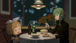 Rule 34 | 1girl, :d, ahoge, black shirt, blonde hair, bottle, bow, bowl, brick wall, chair, character doll, from side, green eyes, green hair, gumi, hair bow, headphones, holding, holding spoon, indoors, kagamine rin, lamp, looking at object, night, open mouth, pepper shaker, shirt, short hair with long locks, sidelocks, sitting, smile, solo, spoon, table, turtleneck, upper body, vocaloid, white bow, window, wounds404