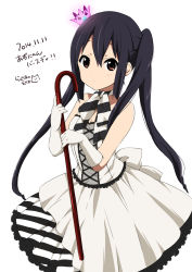 Rule 34 | 1girl, brown eyes, cane, crown, dated, dress, happy birthday, k-on!, long hair, looking at viewer, mini crown, nakano azusa, official style, ragho no erika, solo, strapless, strapless dress, twintails, white background