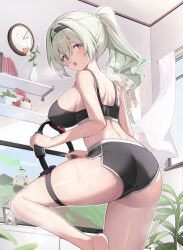 Rule 34 | 1girl, absurdres, alternate costume, alternate hairstyle, ass, bookshelf, clock, dolphin shorts, exercising, firefly (honkai: star rail), from behind, green hair, gym shorts, highres, homura (homur4 homu), honkai: star rail, honkai (series), picture frame, ponytail, purple eyes, shorts, solo, sports bra, television, thigh strap, two-tone eyes