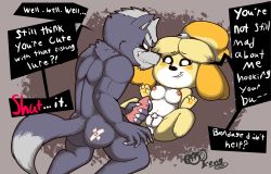 Rule 34 | 1boy, 1girl, animal crossing, animal ears, animal hands, artist name, ass, bandaid, barefoot, bell, blonde hair, blush stickers, breasts, claws, clitoris, dog ears, dog girl, english text, erection, eye contact, furry, grin, hair bell, hair ornament, hair tie, half-closed eyes, heart, hetero, highres, imminent penetration, ironkongstudios, isabelle (animal crossing), jingle bell, kneeling, looking at another, lying, medium breasts, navel, nintendo, nipples, nude, on back, pawpads, penis, pussy, red eyes, short hair, signature, simple background, smile, speech bubble, spread legs, star fox, super smash bros., tail, talking, teeth, text focus, topknot, two-tone background, uncensored, white eyes, wolf ears, wolf o&#039;donnell, wolf tail