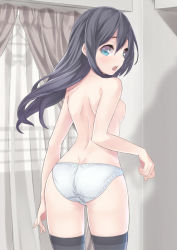 Rule 34 | 1girl, ass, back, bad id, bad pixiv id, black hair, black thighhighs, blue eyes, breasts, dimples of venus, long hair, looking at viewer, looking back, original, panties, ray-akila, ray littlechamber, small breasts, solo, thighhighs, topless, underwear, white panties